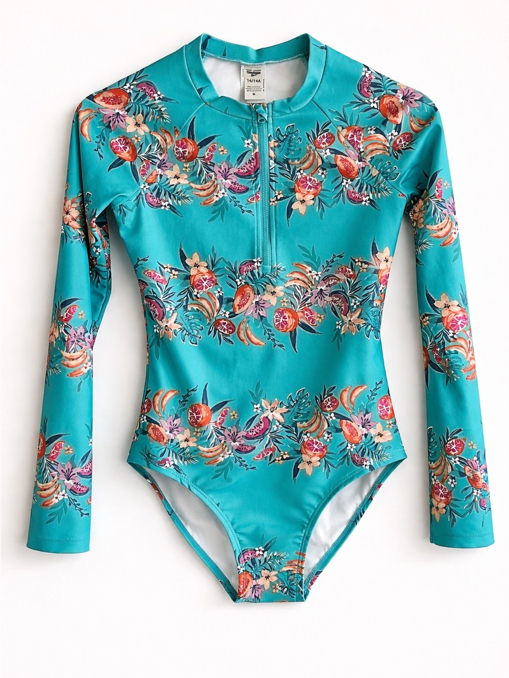 OshKosh B'gosh Teal Floral Long-Sleeve One-Piece Swimsuit Size 14